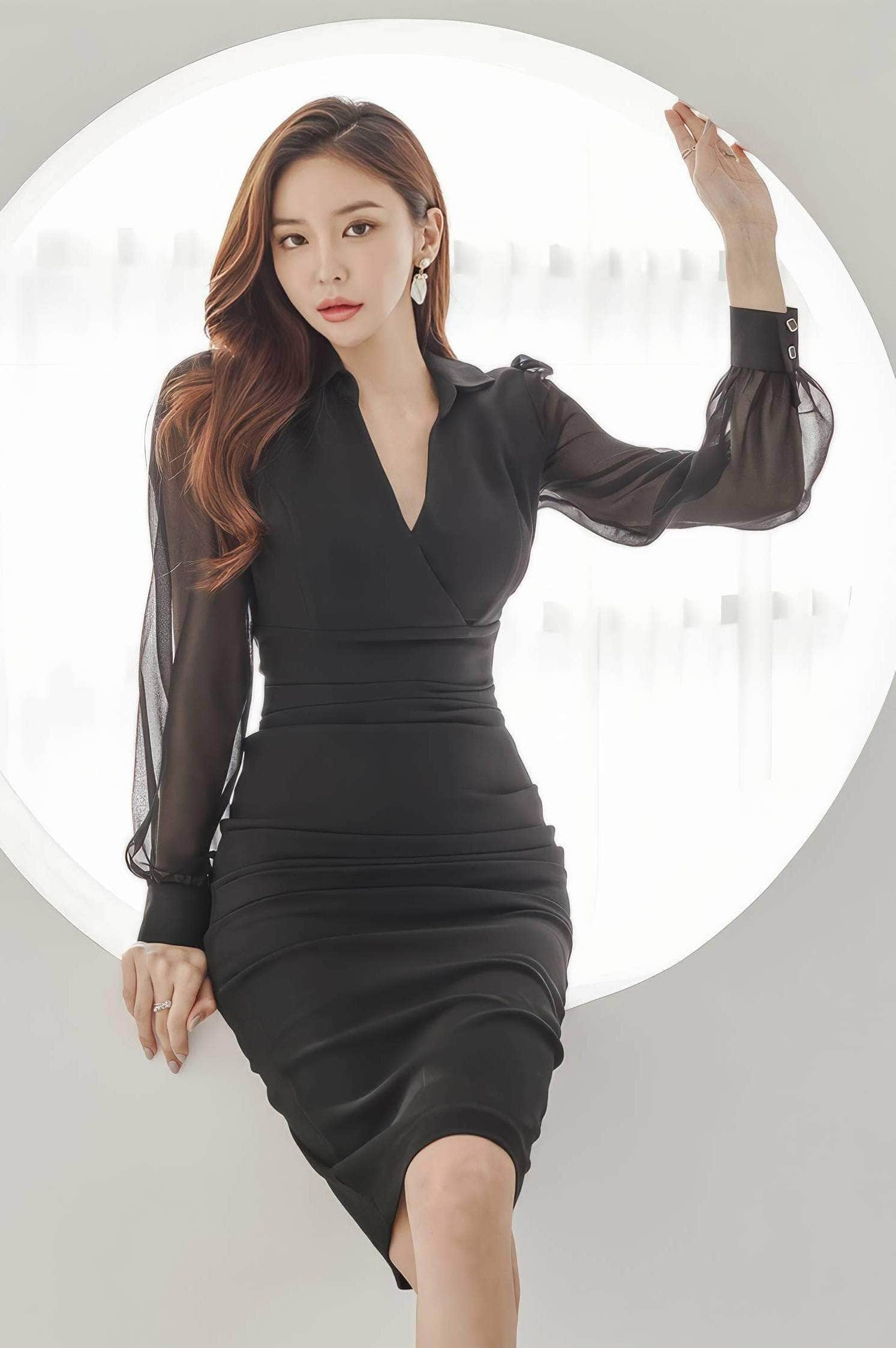 Collared Mesh Sleeves Pleated High Waist Dress