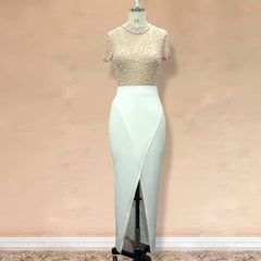 Collared Neck Bead Detailed High Front Slit Dress