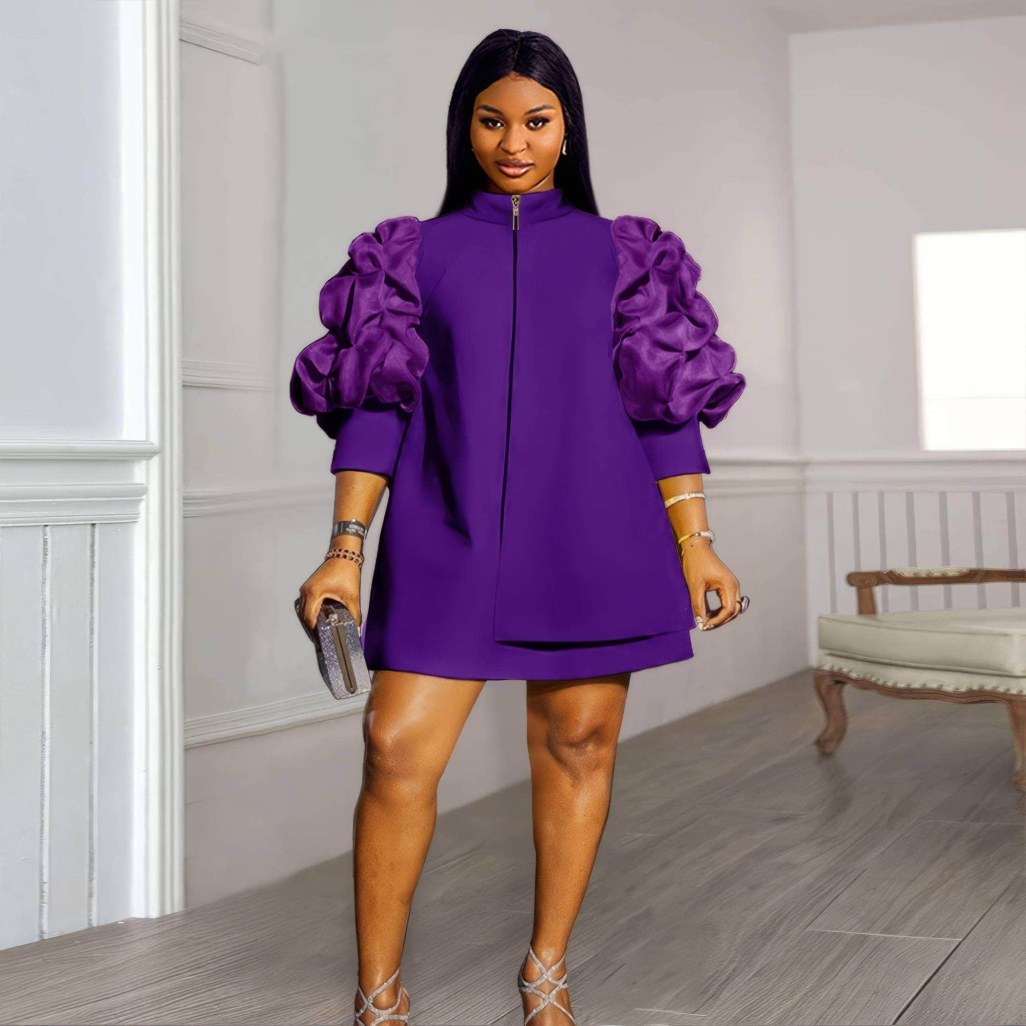 Collared Neck Midi Ruffled Sleeves Shirt Dress US 4-6 / Purple