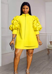 Collared Neck Midi Ruffled Sleeves Shirt Dress US 4-6 / Yellow