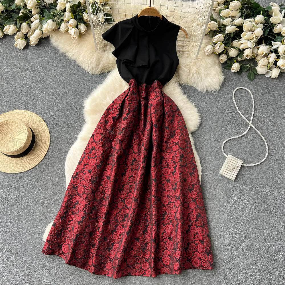 Collared Sleeveless Ruffled Embroidered Dress