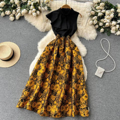 Collared Sleeveless Ruffled Embroidered Dress