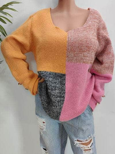 Color Block Decorative Button Long Sleeve Sweater Sherbet / S