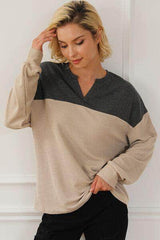 Color Block Notched Long Sleeve Sweatshirt Charcoal / S