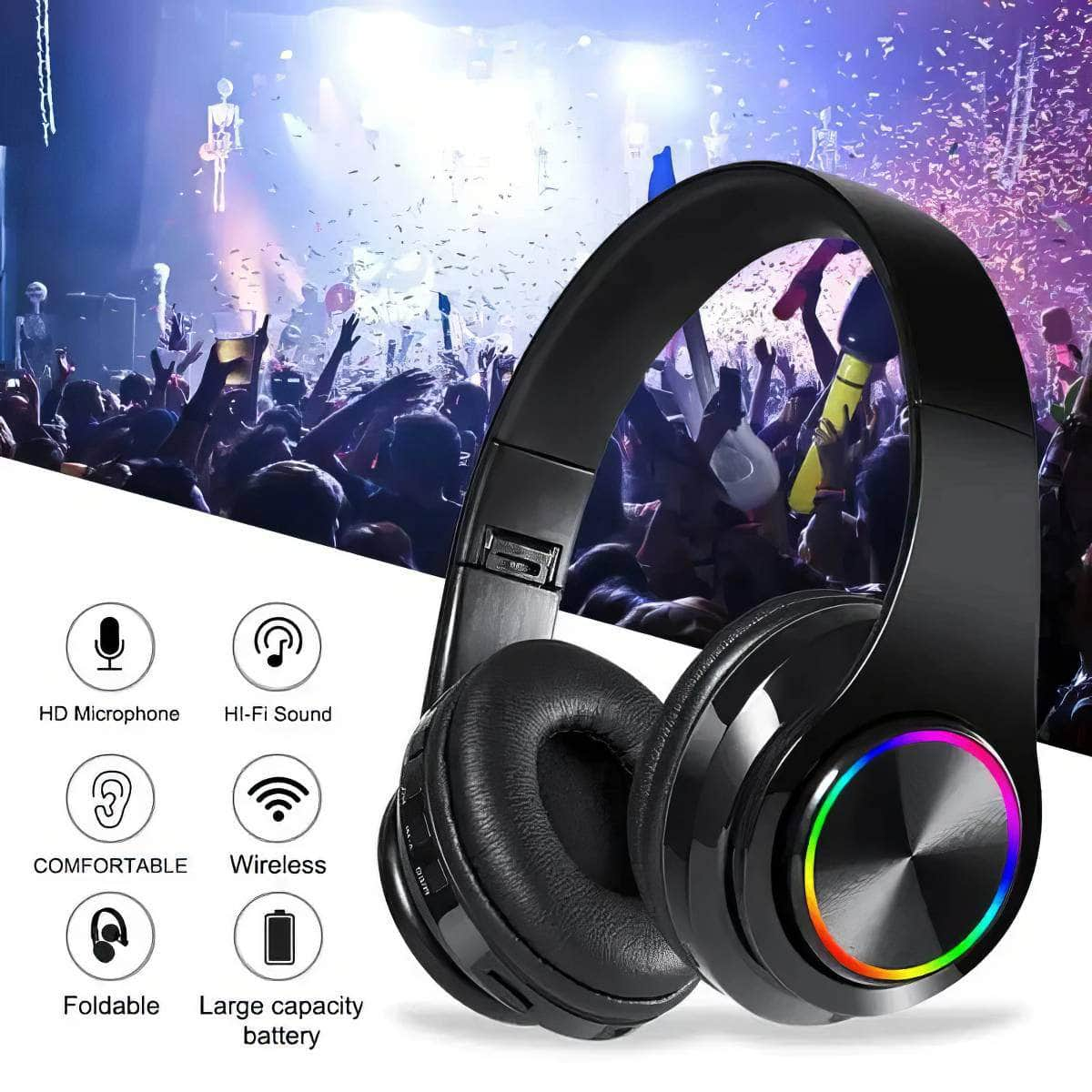 Colorful Luminous Wireless Bluetooth Headset for Gaming, Music, Sports - Supports Mobile Phones and Computers with Card Insertion black