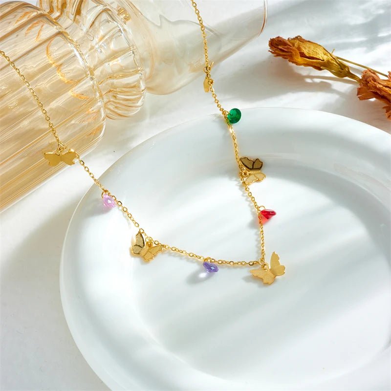 Colorful Stone Butterfly Pendant Necklace for Women – New Trend Choker Clavicle Chain Jewelry N2254