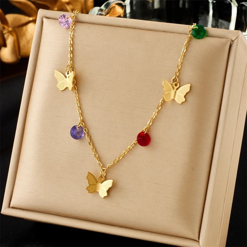 Colorful Stone Butterfly Pendant Necklace for Women – New Trend Choker Clavicle Chain Jewelry N2254