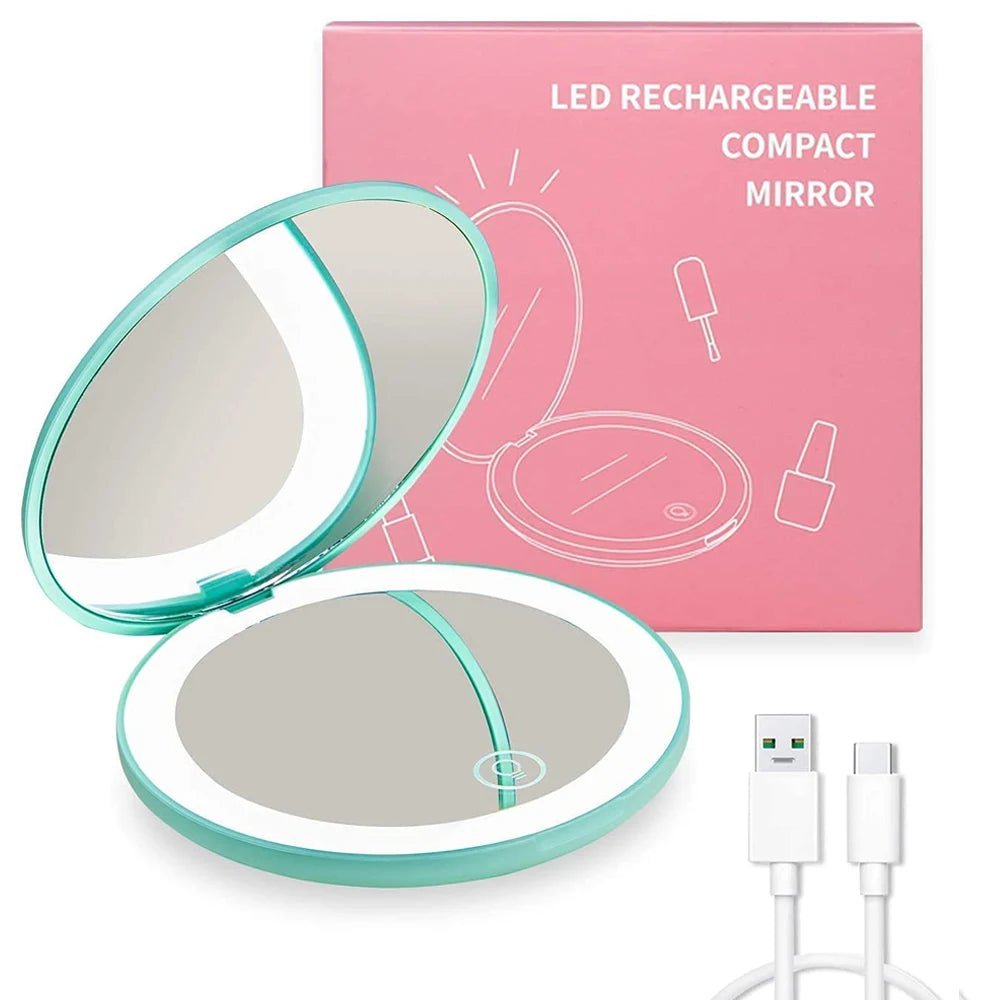Compact and Portable LED Light Makeup Mirror with 10X Magnification, Folding Design Green