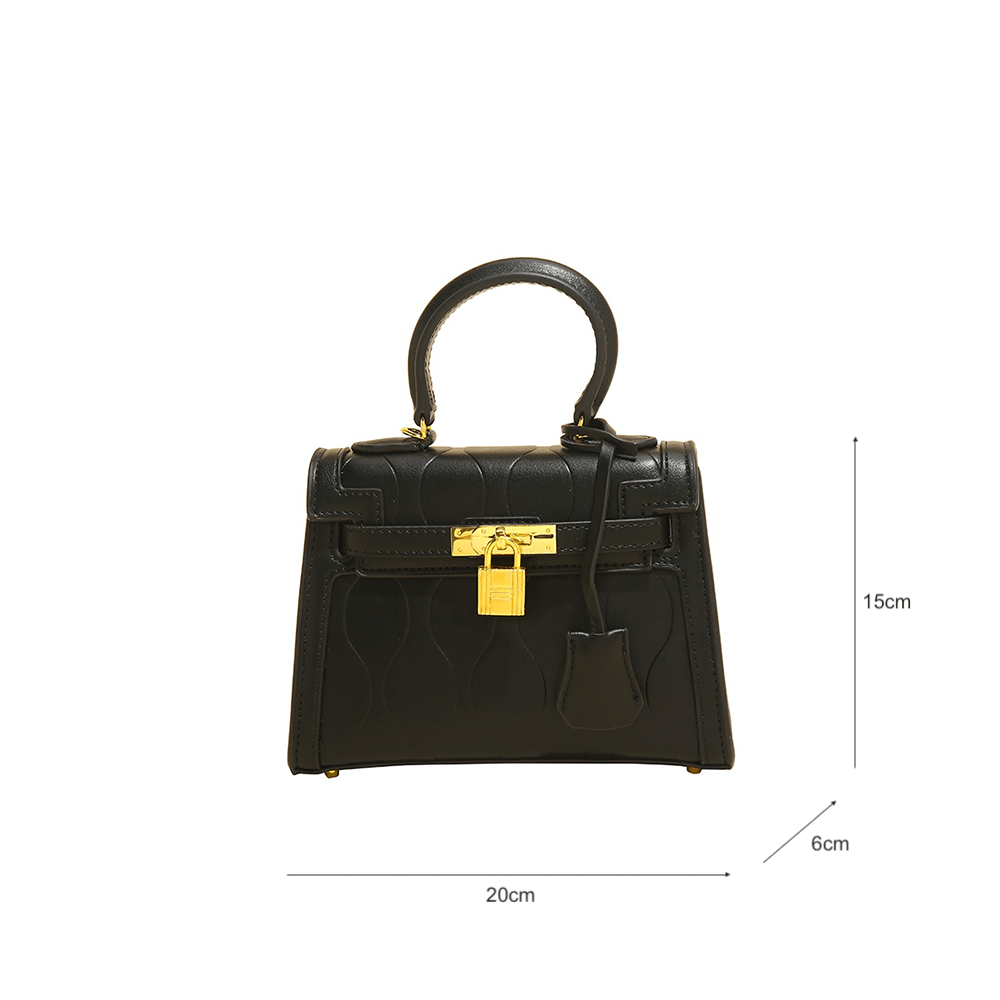 Compact Croc Skin Black Bag With Gold Lock Deco