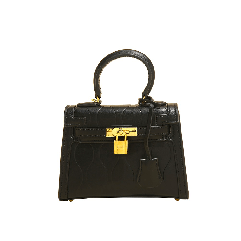 Compact Croc Skin Black Bag With Gold Lock Deco