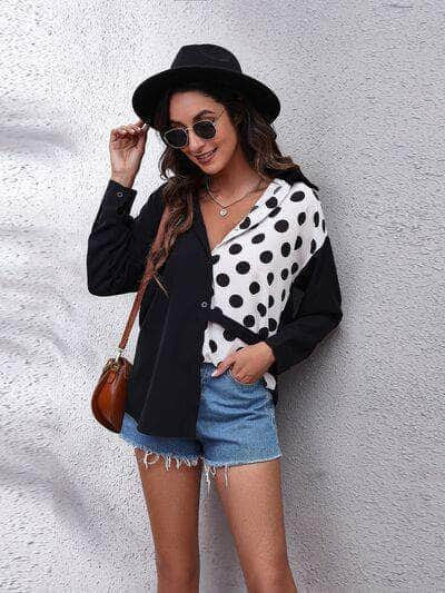 Contrast Button Up Long Sleeve Shirt Dot / S