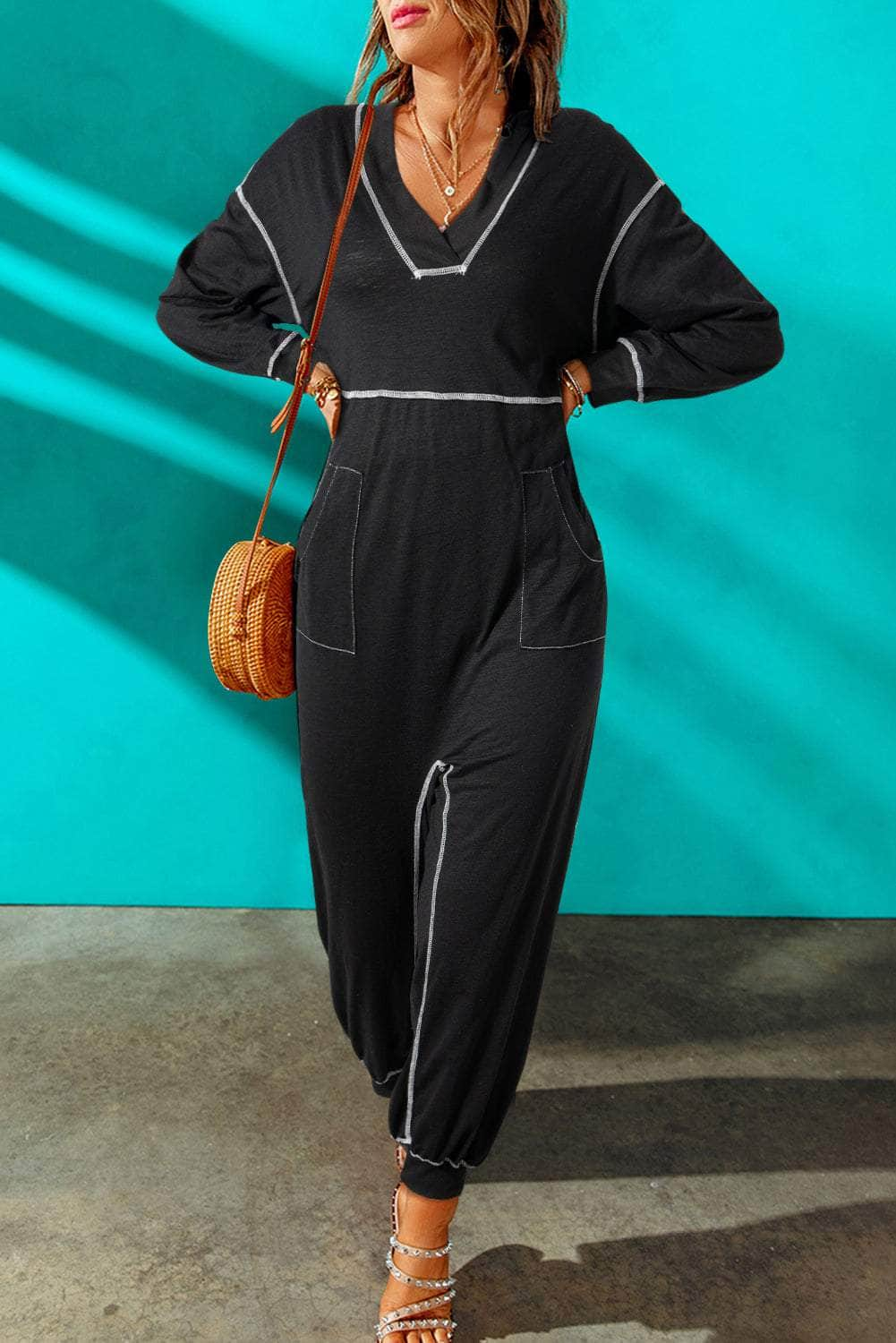 Contrast Stitching Pocketed Dropped Shoulder Jumpsuit Black / S