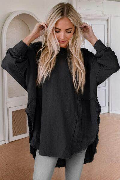 Contrast Texture Round Neck Long Sleeve Blouse Black / S