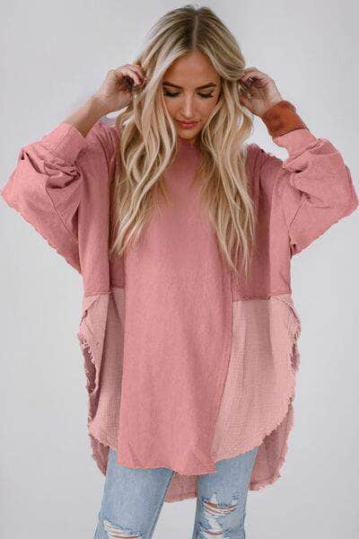 Contrast Texture Round Neck Long Sleeve Blouse Dusty Pink / S