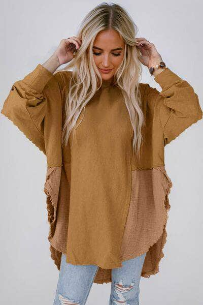 Contrast Texture Round Neck Long Sleeve Blouse Honey / S