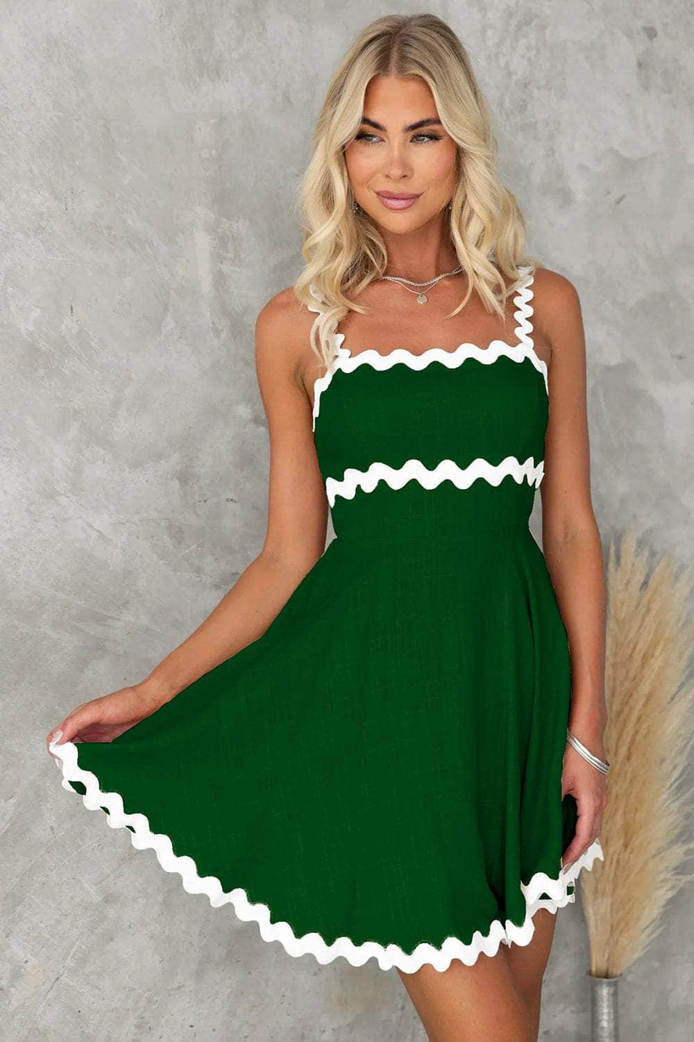 Contrast Trim Square Neck Mini Dress Dark Green / S