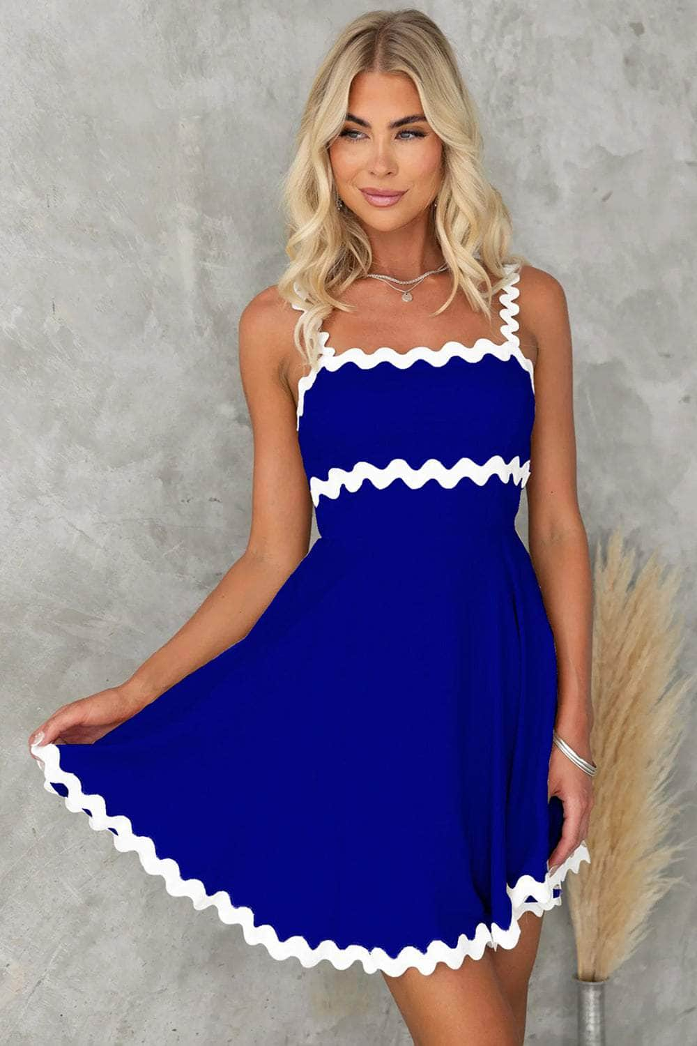 Contrast Trim Square Neck Mini Dress Royal Blue / S