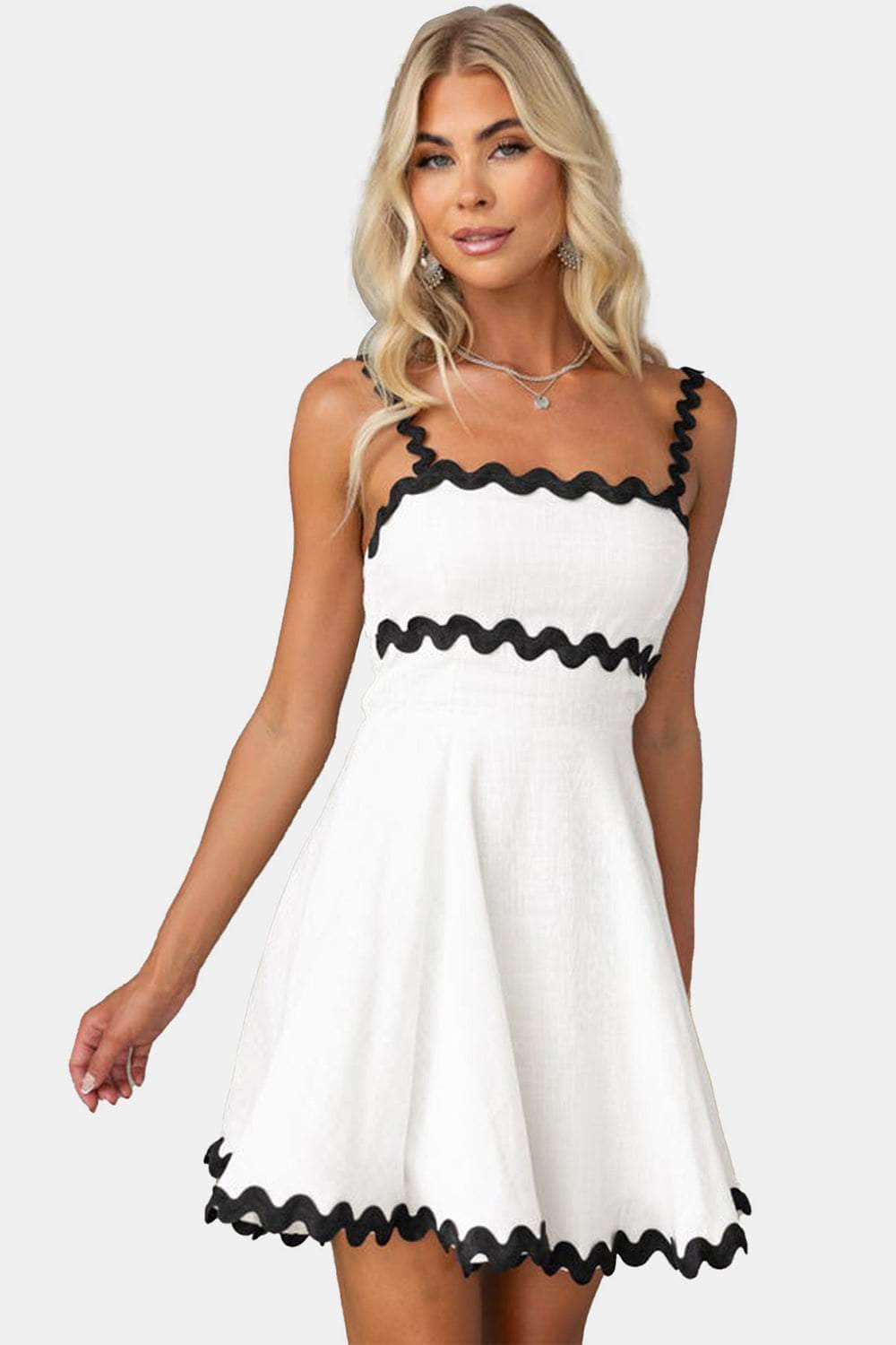 Contrast Trim Square Neck Mini Dress White / S