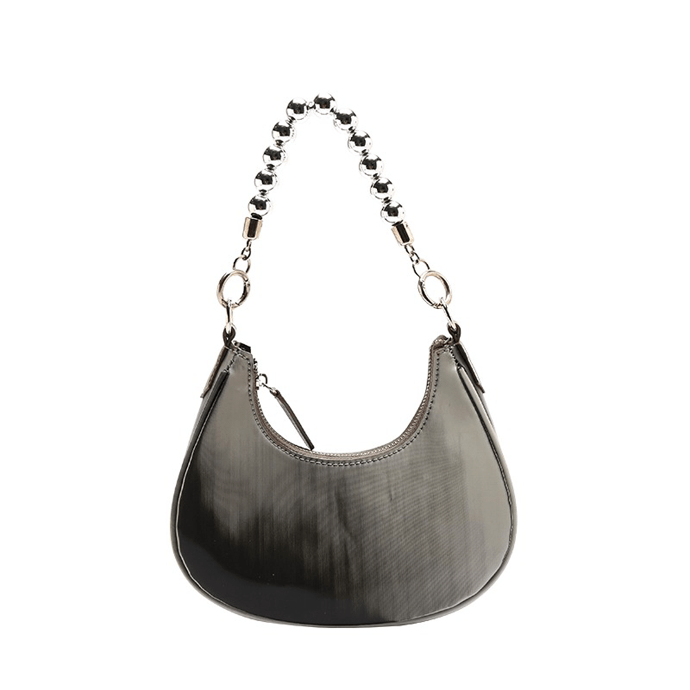 Crescent Shape Beaded Handle Chrome Shoulder Bag