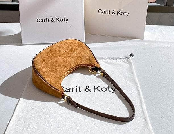 Crescent-Shaped Brown Suede Hobo Bag