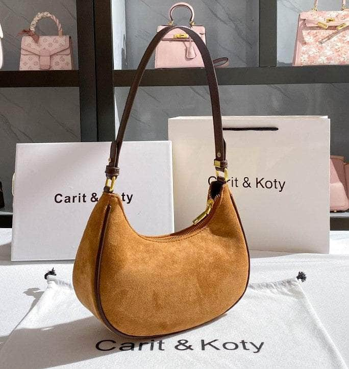 Crescent-Shaped Brown Suede Hobo Bag