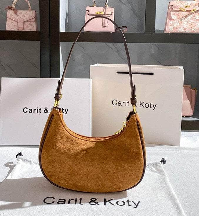 Crescent-Shaped Brown Suede Hobo Bag