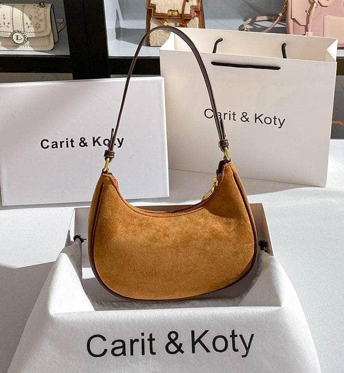 Crescent-Shaped Brown Suede Hobo Bag