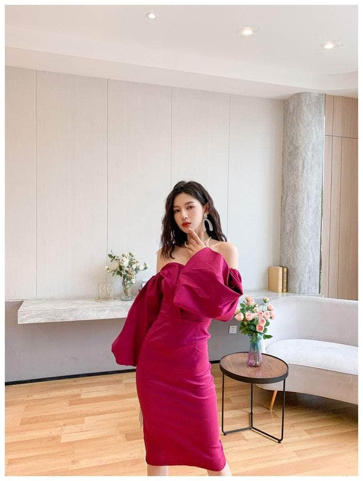 Crimson Satin Sweetheart Midi Dress with Puff-Sleeves