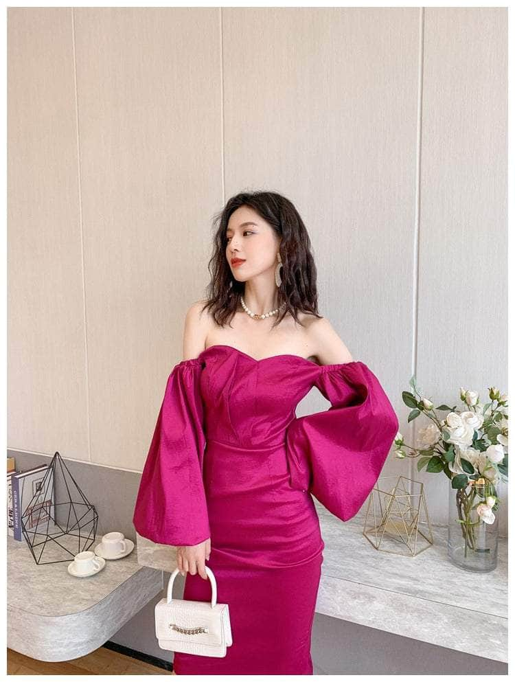 Crimson Satin Sweetheart Midi Dress with Puff-Sleeves