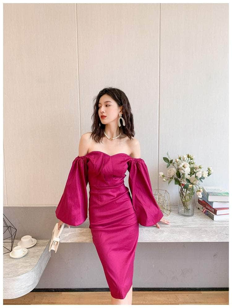 Crimson Satin Sweetheart Midi Dress with Puff-Sleeves