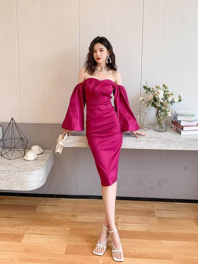 Crimson Satin Sweetheart Midi Dress with Puff-Sleeves