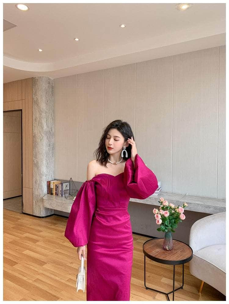 Crimson Satin Sweetheart Midi Dress with Puff-Sleeves