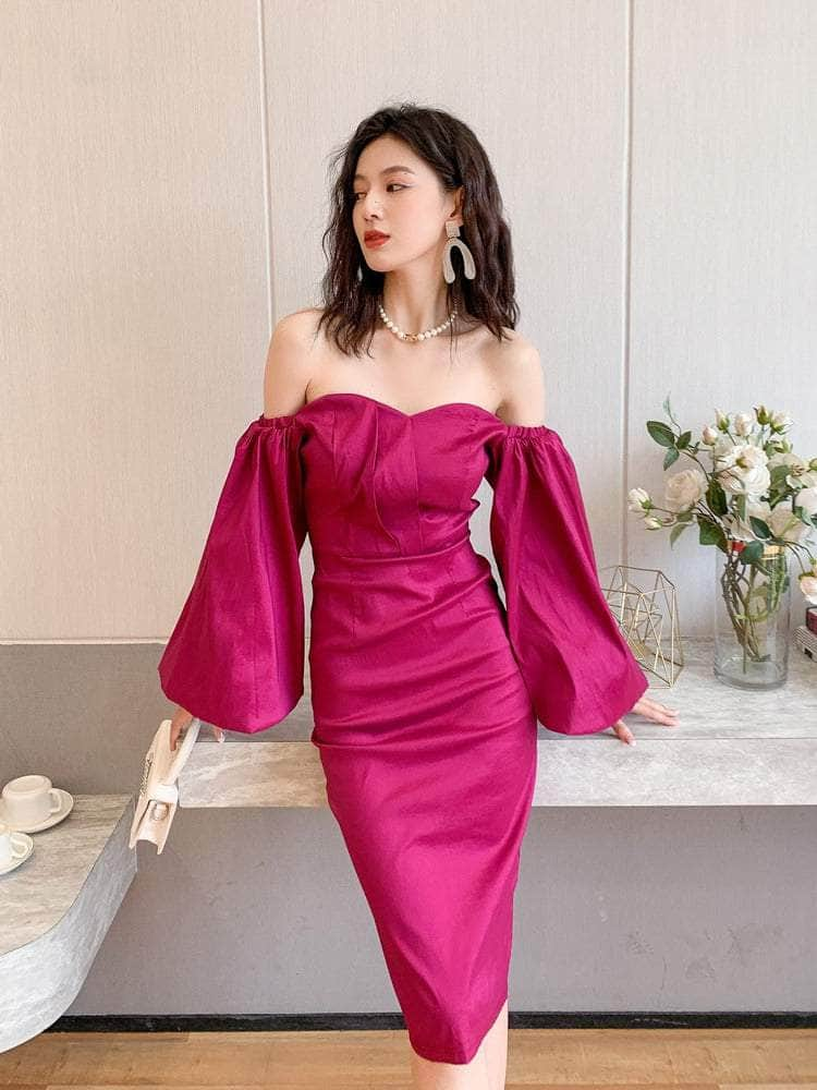 Crimson Satin Sweetheart Midi Dress with Puff-Sleeves