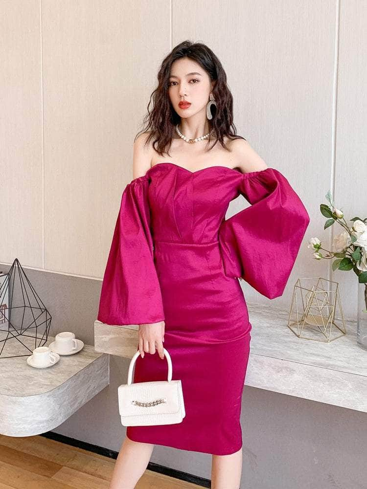 Crimson Satin Sweetheart Midi Dress with Puff-Sleeves