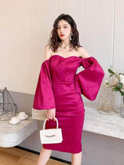 Crimson Satin Sweetheart Midi Dress with Puff-Sleeves