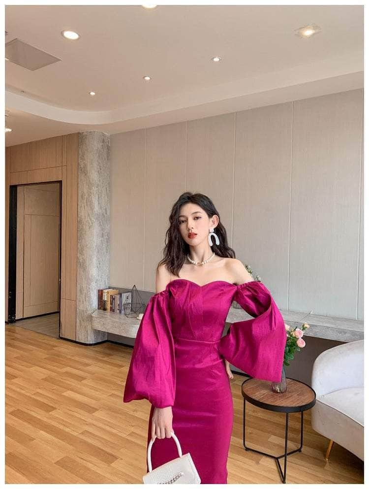 Crimson Satin Sweetheart Midi Dress with Puff-Sleeves