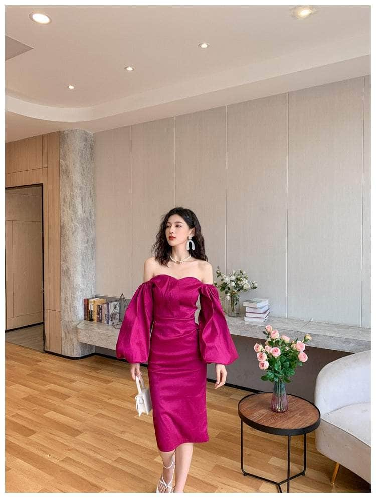 Crimson Satin Sweetheart Midi Dress with Puff-Sleeves