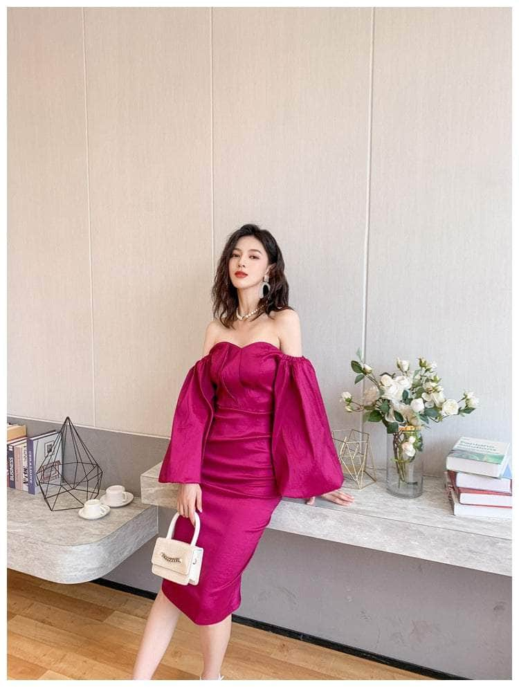 Crimson Satin Sweetheart Midi Dress with Puff-Sleeves