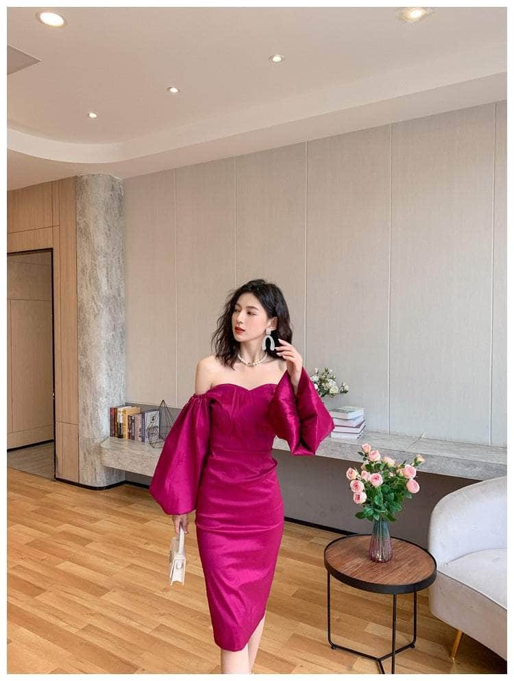 Crimson Satin Sweetheart Midi Dress with Puff-Sleeves