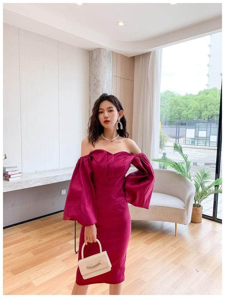 Crimson Satin Sweetheart Midi Dress with Puff-Sleeves