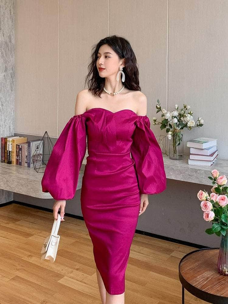 Crimson Satin Sweetheart Midi Dress with Puff-Sleeves S / MediumVioletRed