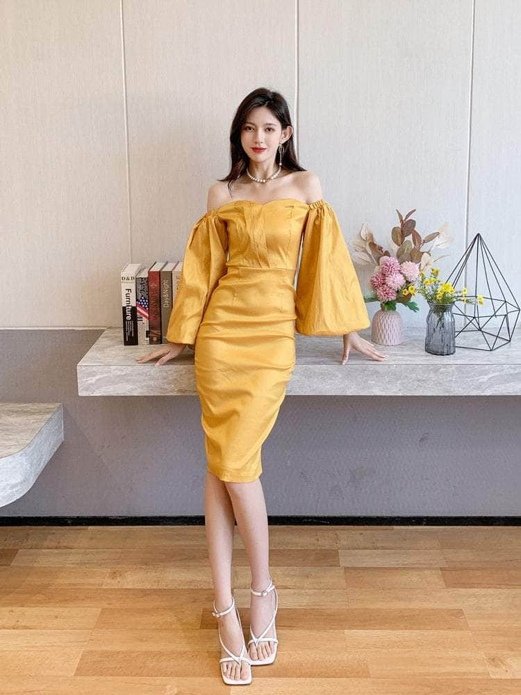 Crimson Satin Sweetheart Midi Dress with Puff-Sleeves S / Yellow