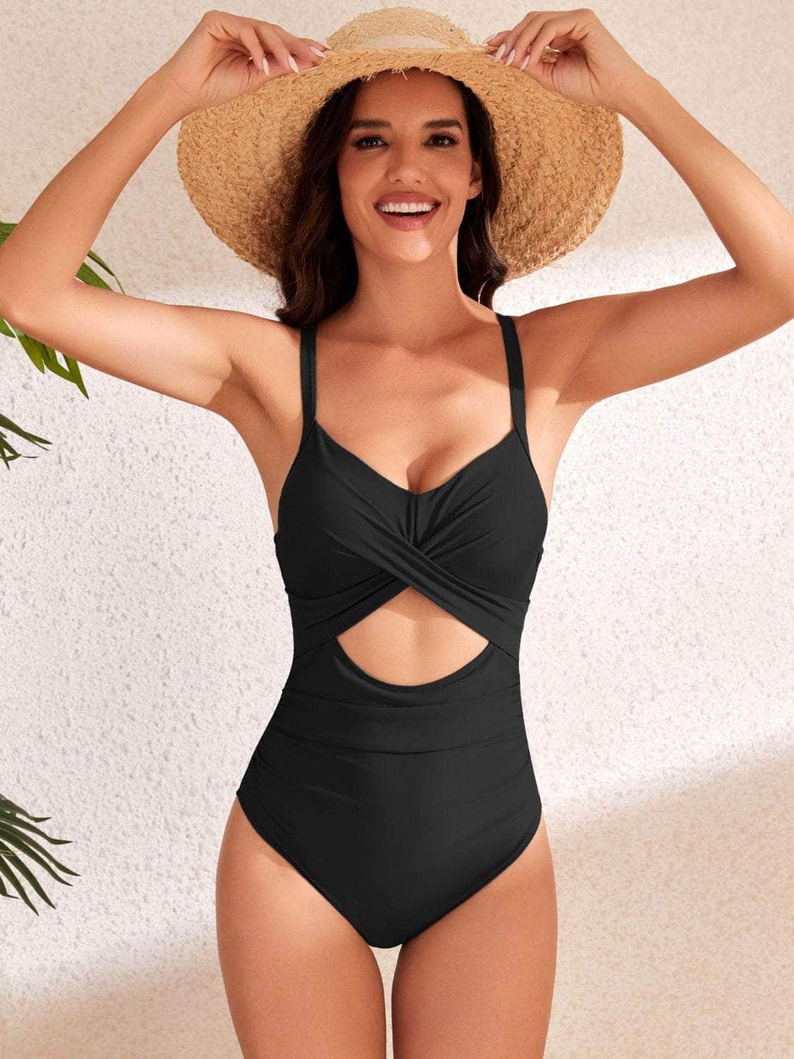 Crisscross Cutout V-Neck One-Piece Swimwear Black / S
