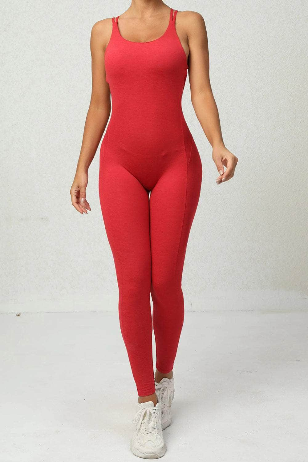 Crisscross Scoop Neck Sleeveless Active Jumpsuit Red / S