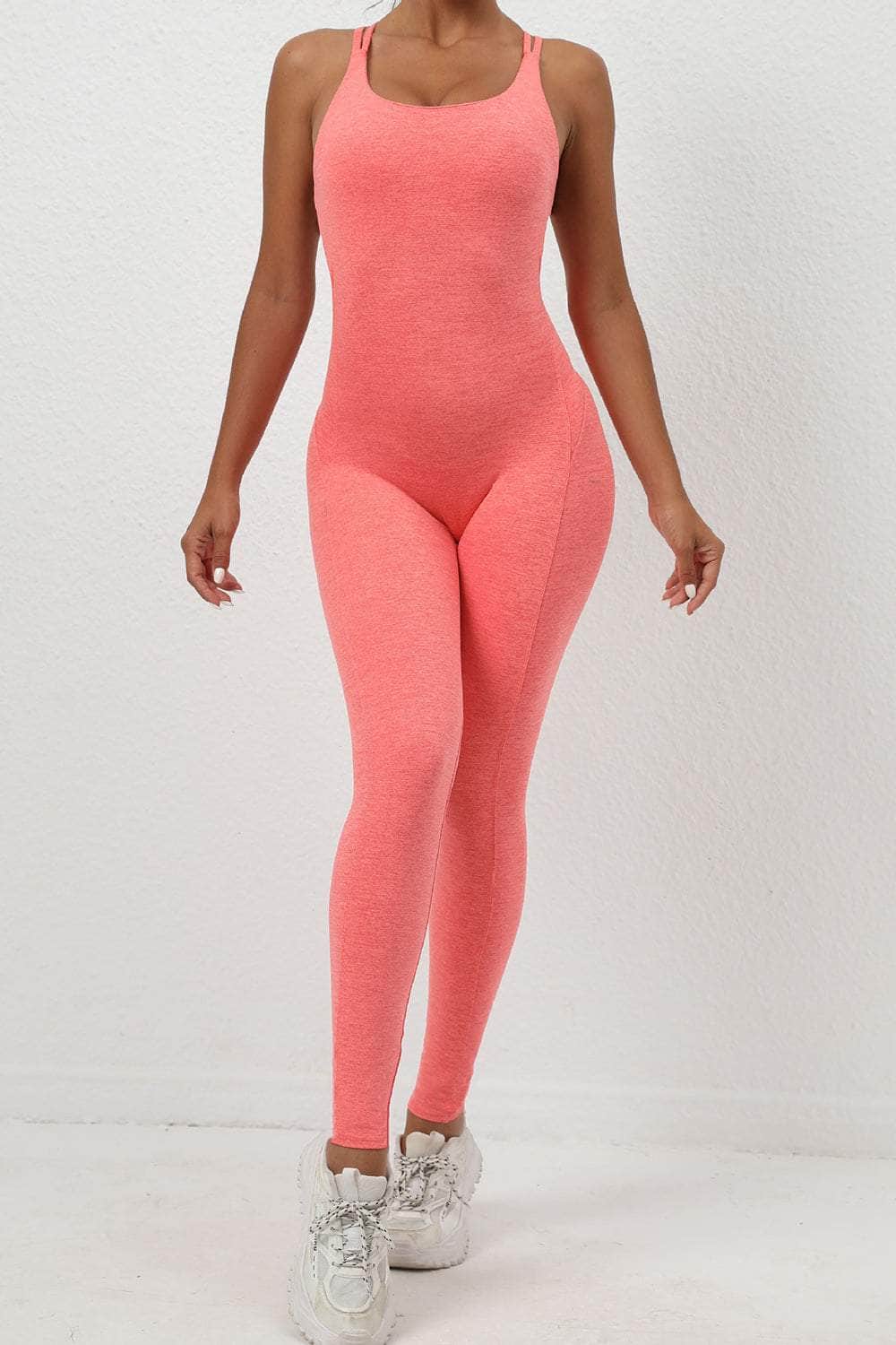 Crisscross Scoop Neck Sleeveless Active Jumpsuit Watermelon pink / S