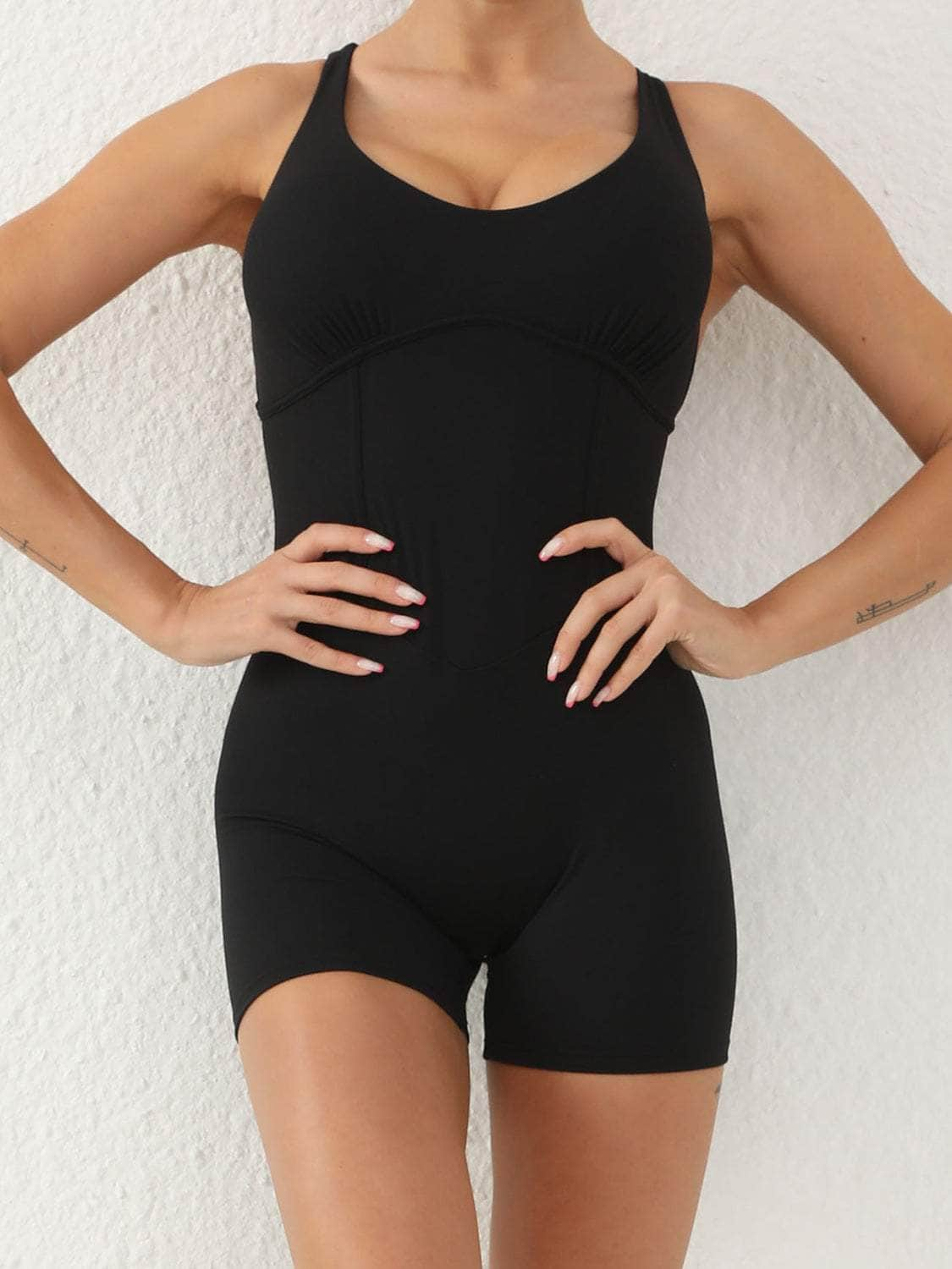 Crisscross Scoop Neck Wide Strap Active Romper Black / S