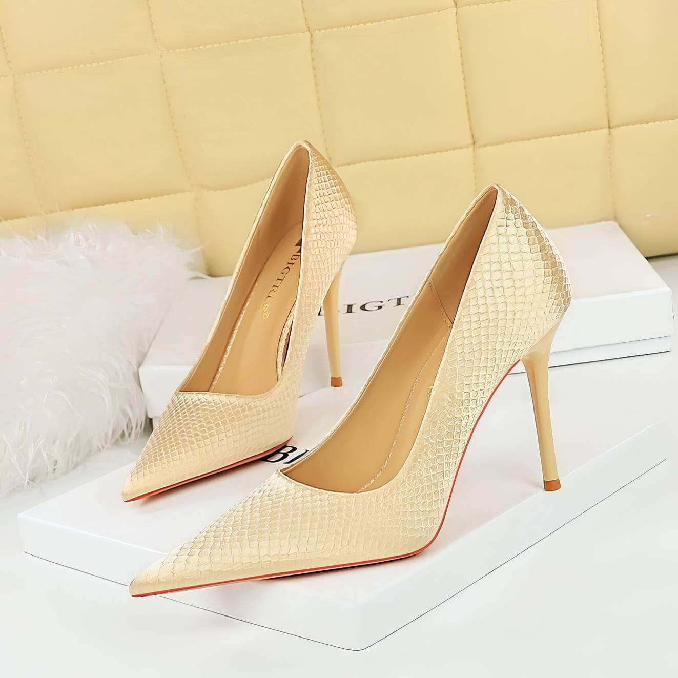 Croc Satin Pointy Toe Stiletto Heels