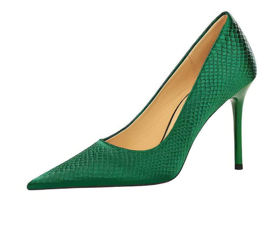 Croc Satin Pointy Toe Stiletto Heels EU 33 / Green / 9.5CM