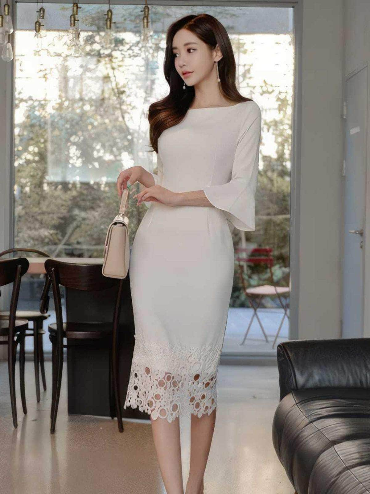 Crochet Hem Bell Sleeves Column Dress S / White