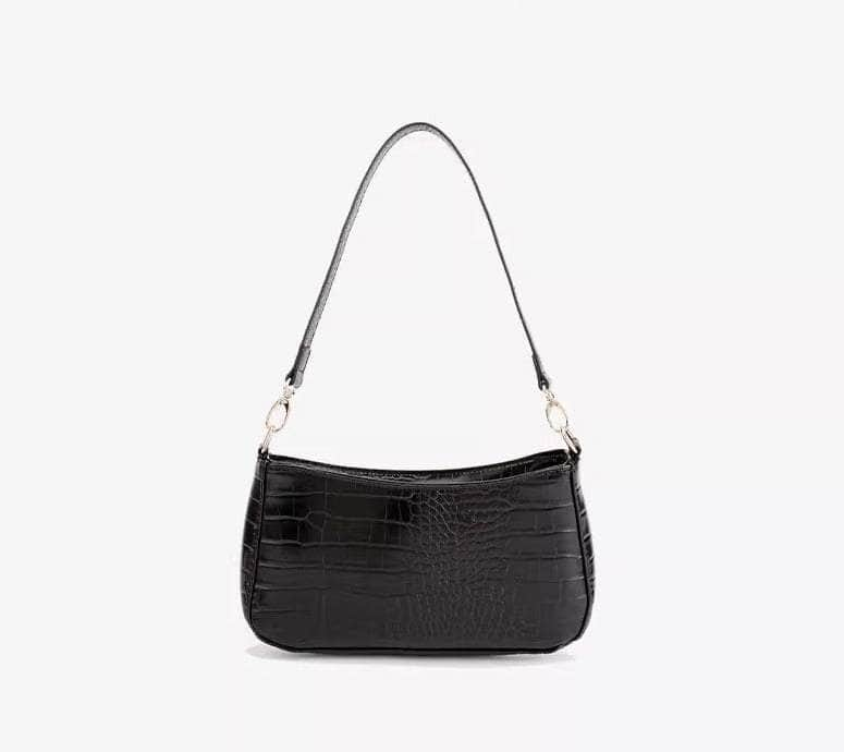 Crocodile Effect Leather Shoulder Handbag Black-Embossed